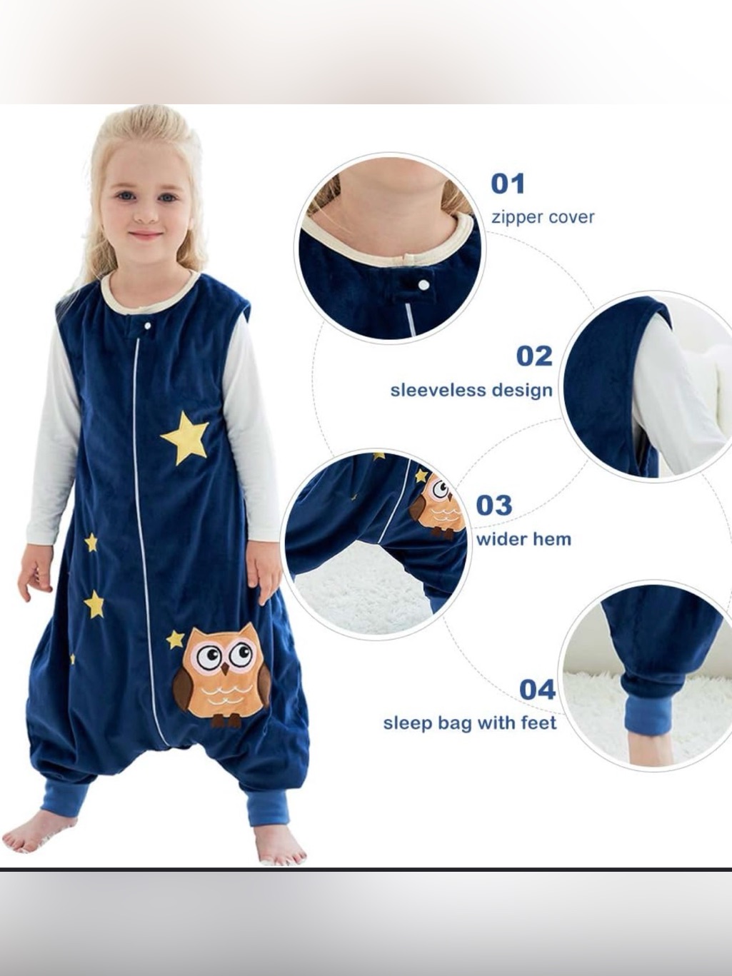 Children's Unisex Navy Owl & Star Sleep Sack - Sleeveless Zippered Pajama Medium